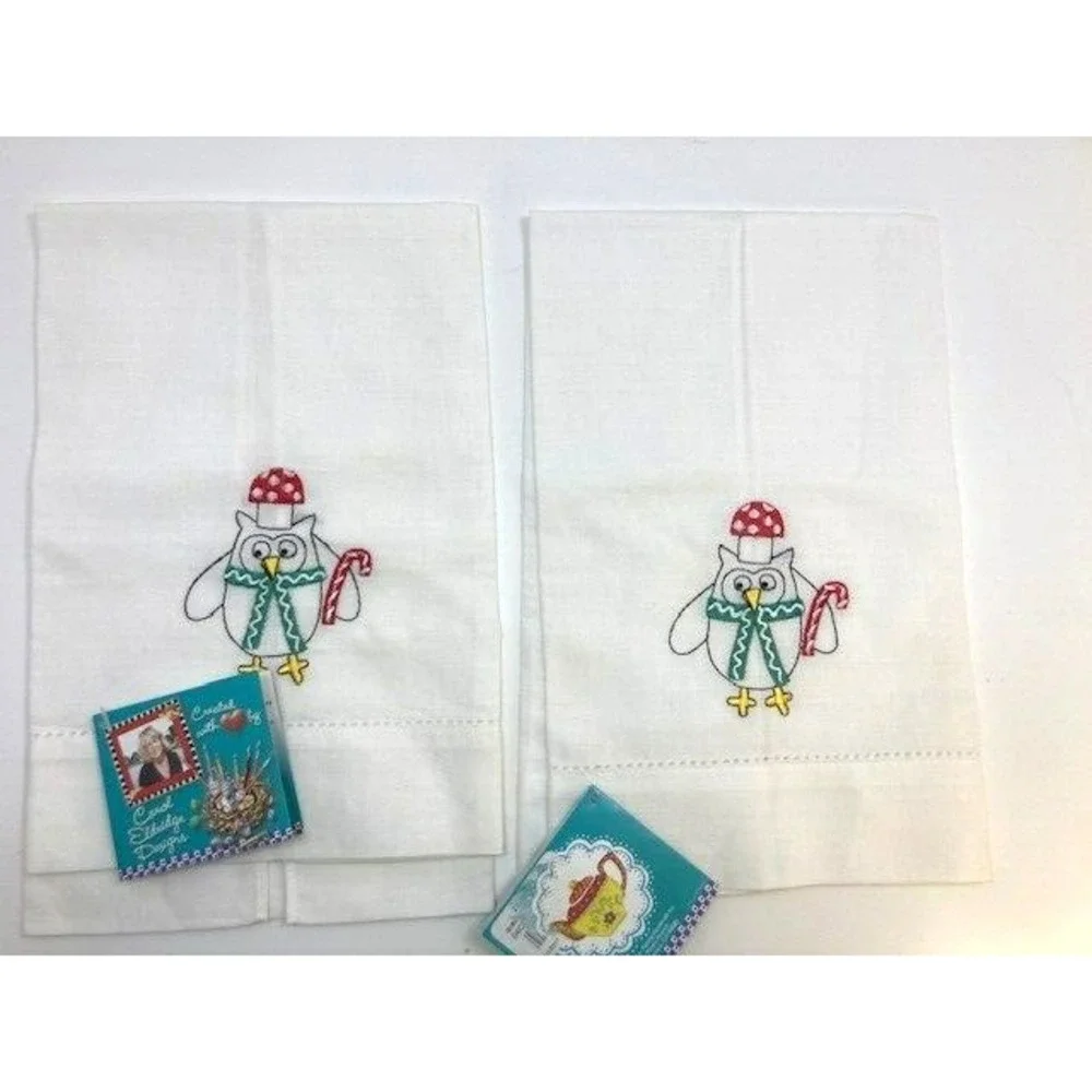 Pair of Embroidered Christmas Owl Mushroom Tea Towels‎ NWT Carol Eldridge